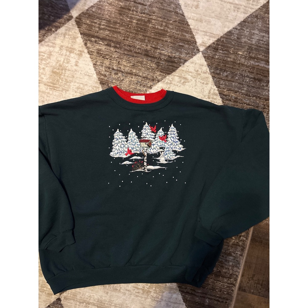 Day Breeze Vintage Christmas Sweatshirt Green Embroidered Winter Scene Cardinals